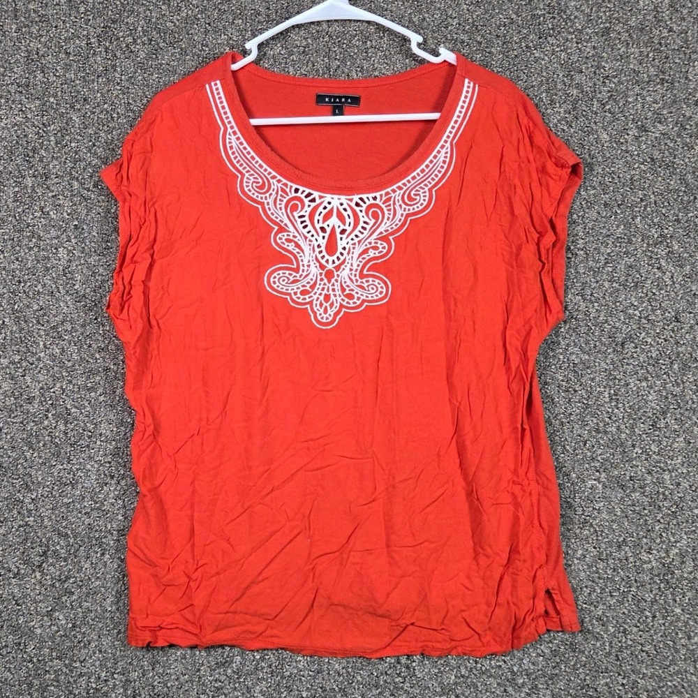 Kiara Embroidered Medallion Top Womens Large Orange Short Sleeve Scoop Neck Boho